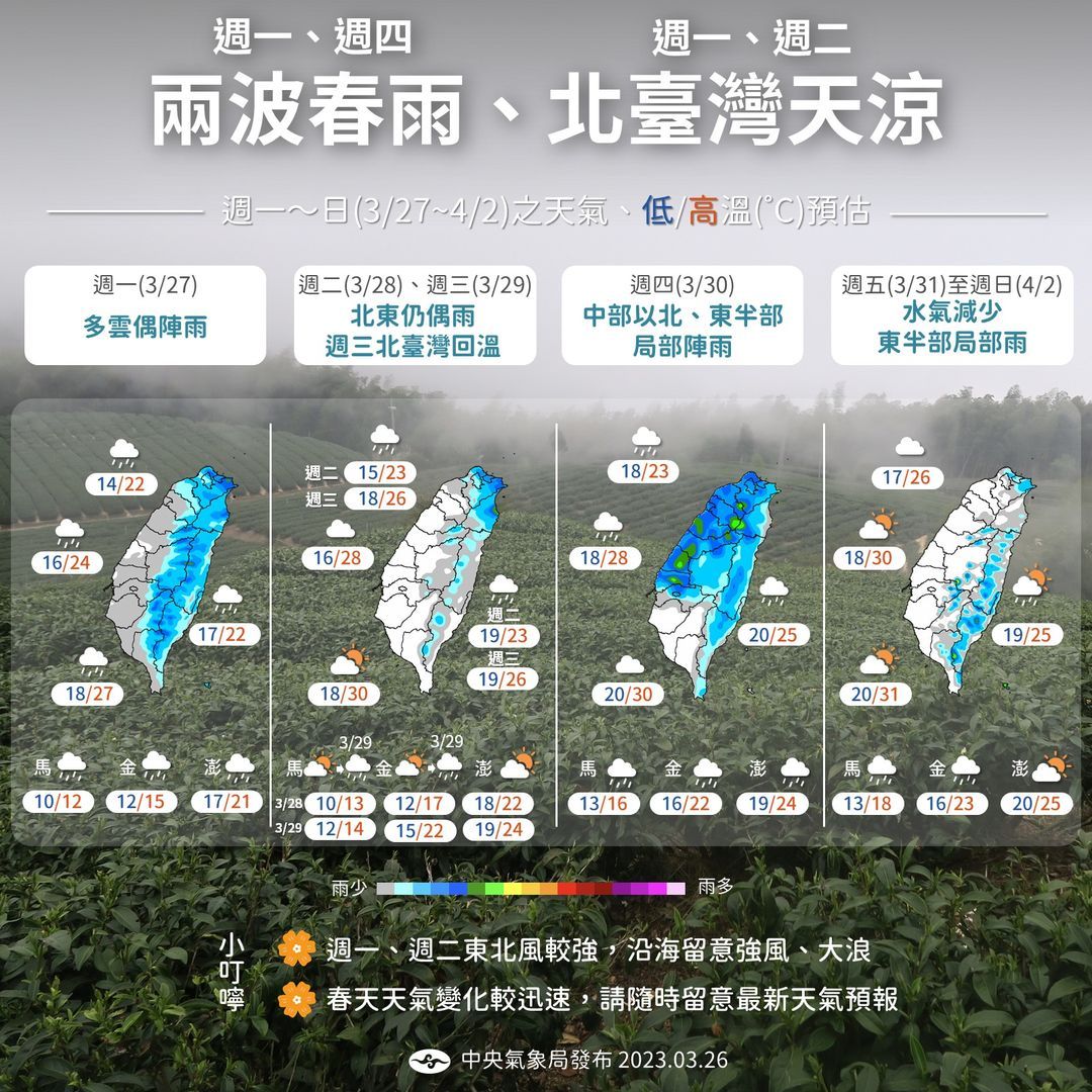 ▲▼一圖看未來一周兩波春雨，北台灣連2天溫度較涼。（圖／氣象局）