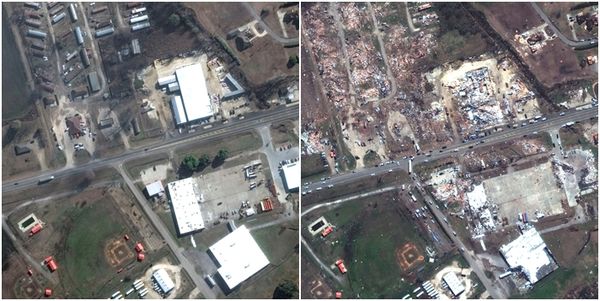 ▲▼ 美國馬薩爾科技（Maxar）揭露最新衛星影像照。密西西比州城鎮羅靈福克（Rolling Fork）。（圖／路透）