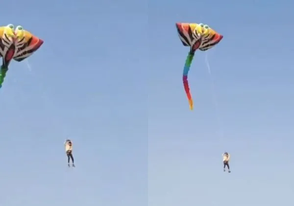 ▲▼放巨型風箏太晚鬆手　他被「帶上空中」越飛越高。（圖／翻攝微博）