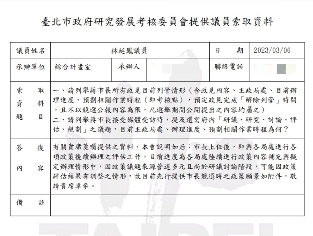 ▲▼林延鳳表示，自己和研考會索取政見列管資料，對方6日卻回覆「擬定辦理中」，25日再次回覆「會議記錄呈核中」。（圖／台北市議員林延鳳辦公室提供）