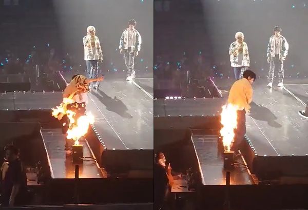 ▲TREASURE成員尹材赫發生舞台火燒意外。（圖／翻攝自Twitter／@dragonfromgaech、@yoonsweet0723）