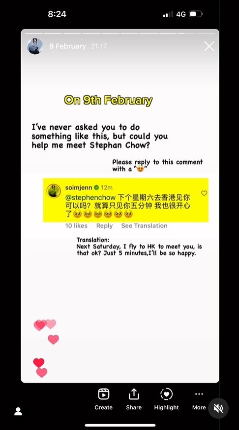 ▲Jenn 2月許願「想去香港見你」，得到周星馳回覆。（圖／翻攝自Instagram／soimjenn）