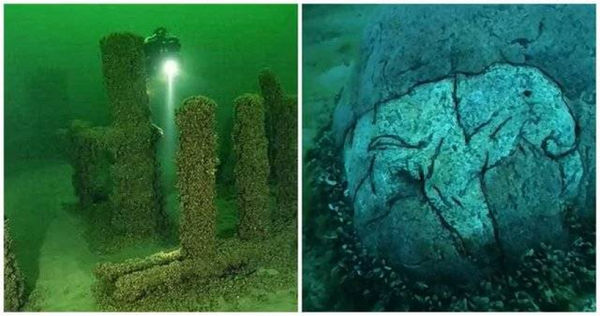考古學家2007年在湖底進行聲納探測，驚奇地發現水下12公尺處有類似英國巨石陣的東西，其中一塊石頭上刻有1萬年前滅絕的長毛像圖案。（圖／翻攝自推特）