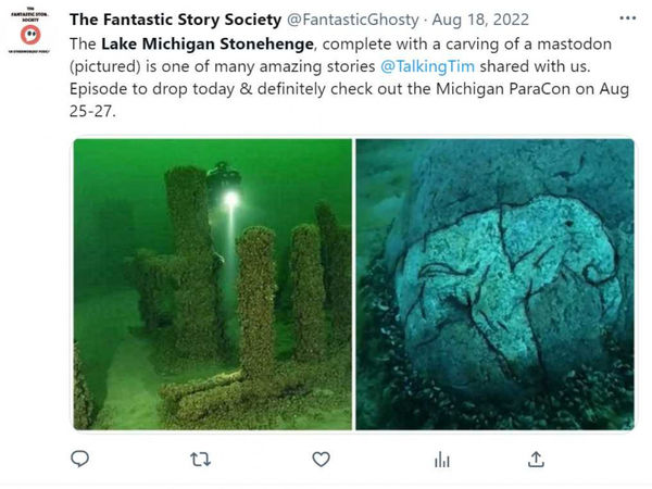 考古學家2007年在湖底進行聲納探測，驚奇地發現水下12公尺處有類似英國巨石陣的東西，其中一塊石頭上刻有1萬年前滅絕的長毛像圖案。（圖／翻攝自推特）