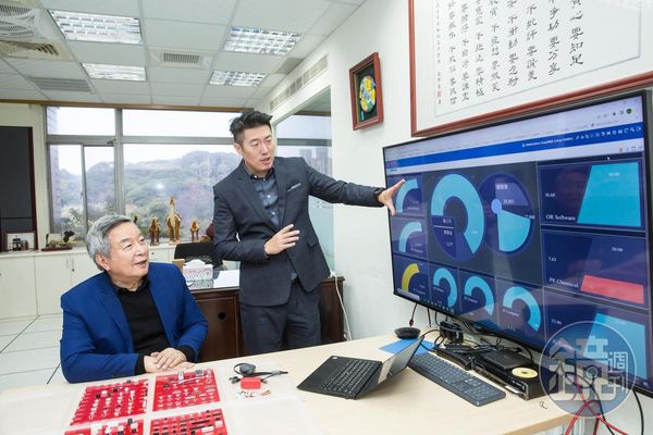 執行長楊奕康（右）平常管理大陸廠，難得因尾牙回台，忙著與父親楊超群（左）討論公司營收與銷量。