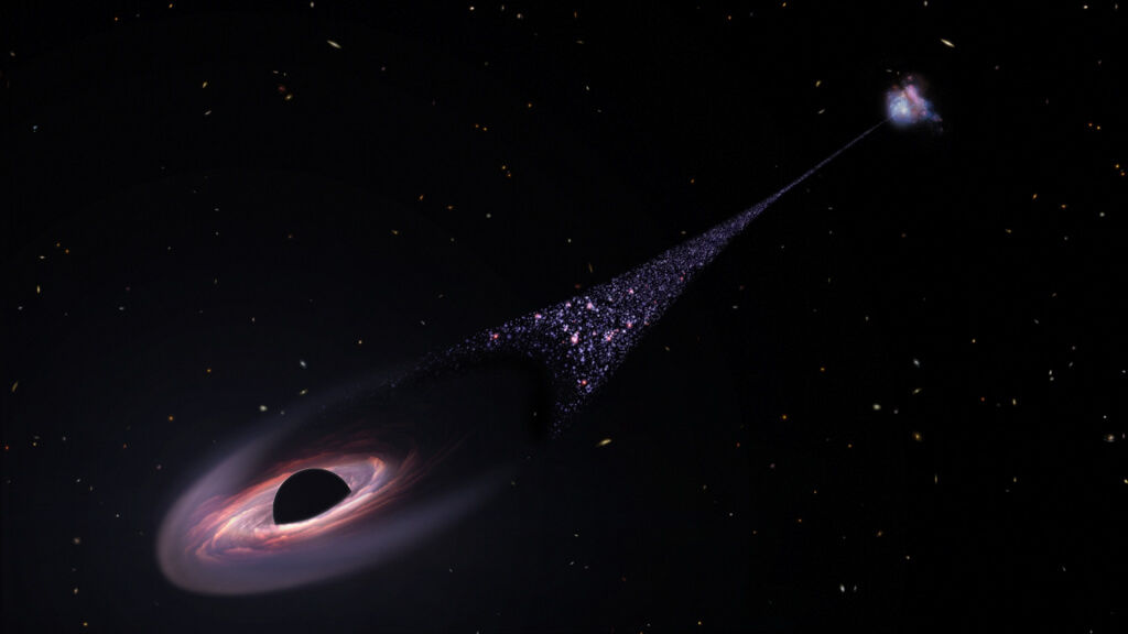▲▼ 耶魯大學太空學家宣布發現一個巨大的黑洞正在太空中疾馳，留下長達20萬光年的新生恆星軌跡。圖為根據哈伯望遠鏡觀測結果繪製的黑洞。（圖／翻攝自NASA網頁）