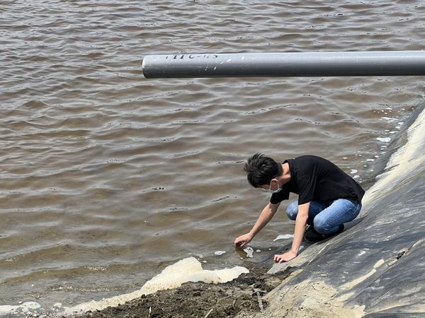 南漁電共生文蛤暴斃原因，雲豹能源率團隊親赴養殖池致意關心並抽樣檢測（圖／雲豹能源科技提供）