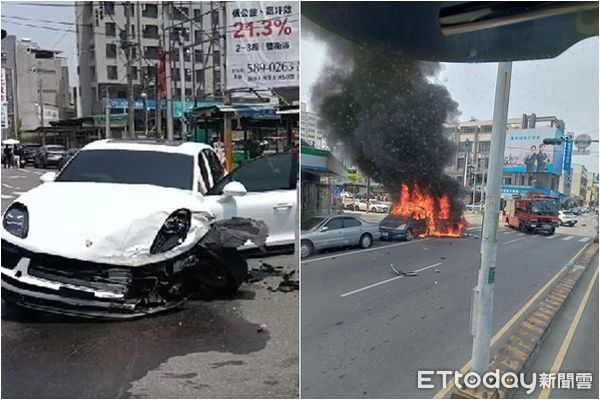 ▲台南善化區發生連環車禍引起火燒車，駕駛1人受傷送醫。（圖／記者林悅翻攝，下同）