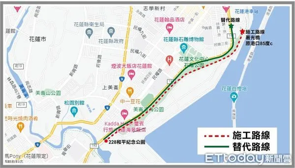 ▲花蓮港景觀橋至曙光橋頭旁的228和平廣場之間施工路段示意圖。（圖／花蓮縣政府提供，下同）