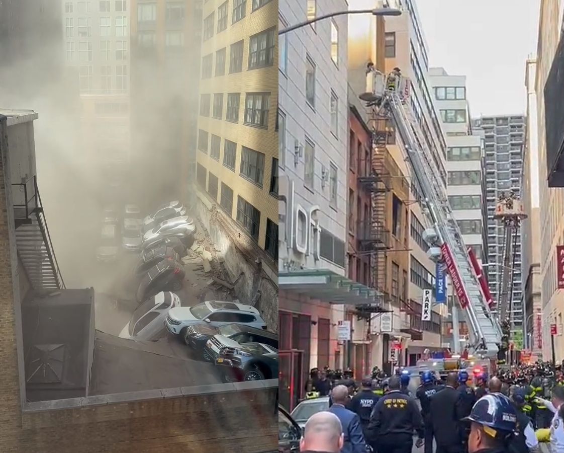 ▲紐約下曼哈頓金融區停車場崩塌。（圖／翻攝推特）