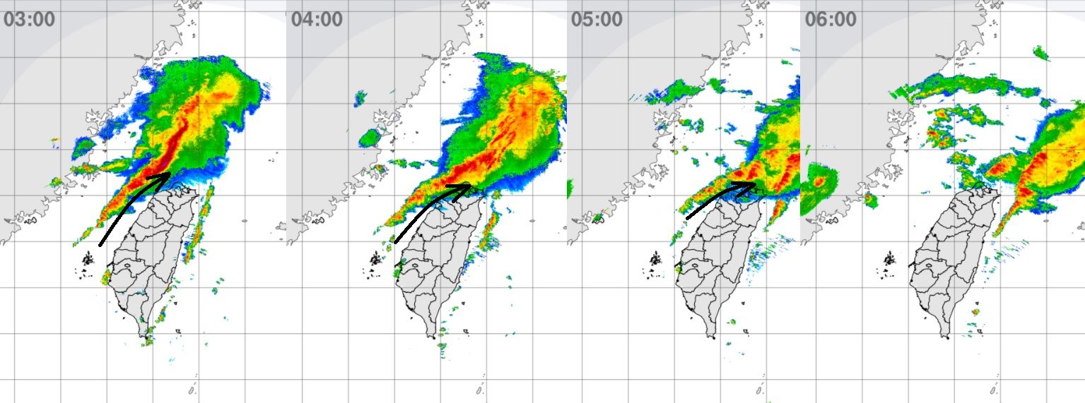 ▲▼氣流今凌晨到清晨繞過台灣北部地形，不過鋒面雨將越晚越明顯。（圖／鄭明典）