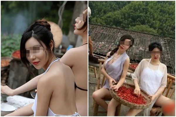 近日中國流傳眾多「農媛」照，妹子穿著性感上衣。（翻攝自微博）