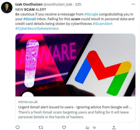 Gmail也淪為詐騙集團行騙的方式。（圖／翻攝自推特）