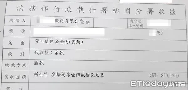 ▲桃園市楊梅區某公司積欠員工資遣費遭勞動局開罰30萬元遲未給付被移送桃園分署強制執行，公司為避免商譽受損立即以匯款方式一次繳清。（圖／記者沈繼昌翻攝）