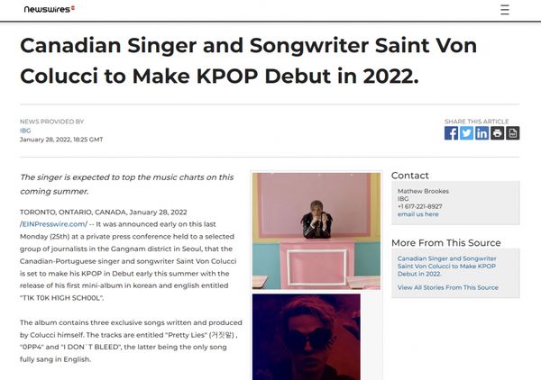 ▲▼發布於2022年1月的一篇網路宣傳文章稱，加拿大男星科魯奇（Saint Von Colucci）即將發片進軍南韓KPOP。（圖／翻攝自iHeartRadio網站）