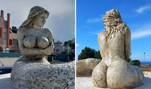 ▲▼義大利一座正在設立的美人魚雕像被當地人抨擊形象過於挑逗，引發轟動。（圖／翻攝自推特）