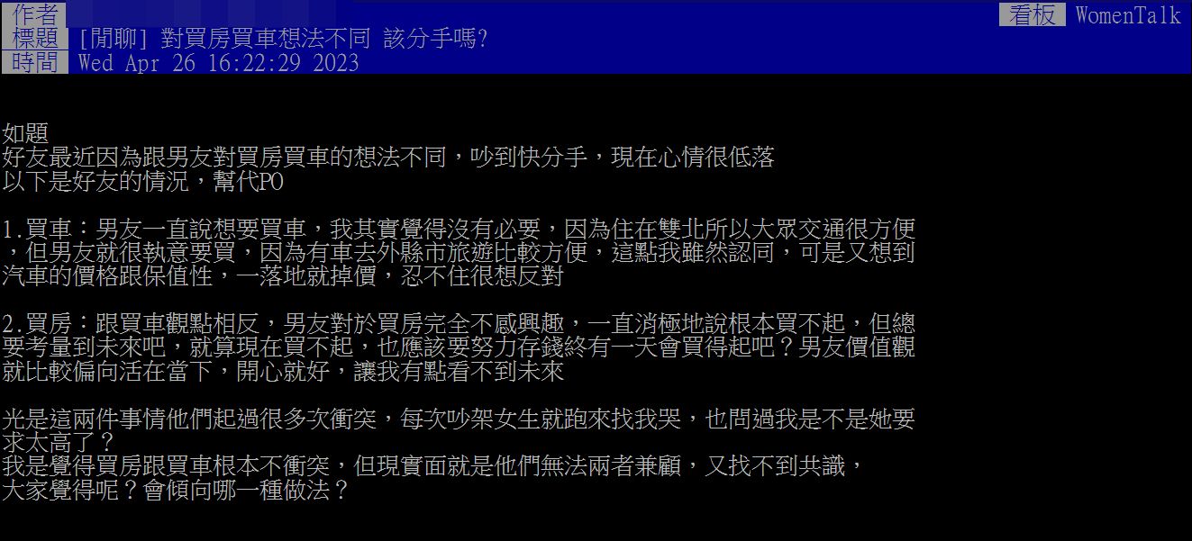 ▲原PO透露，好友為了先買房還先買車的問題，和男友吵到快分手。（圖／翻攝自PTT）