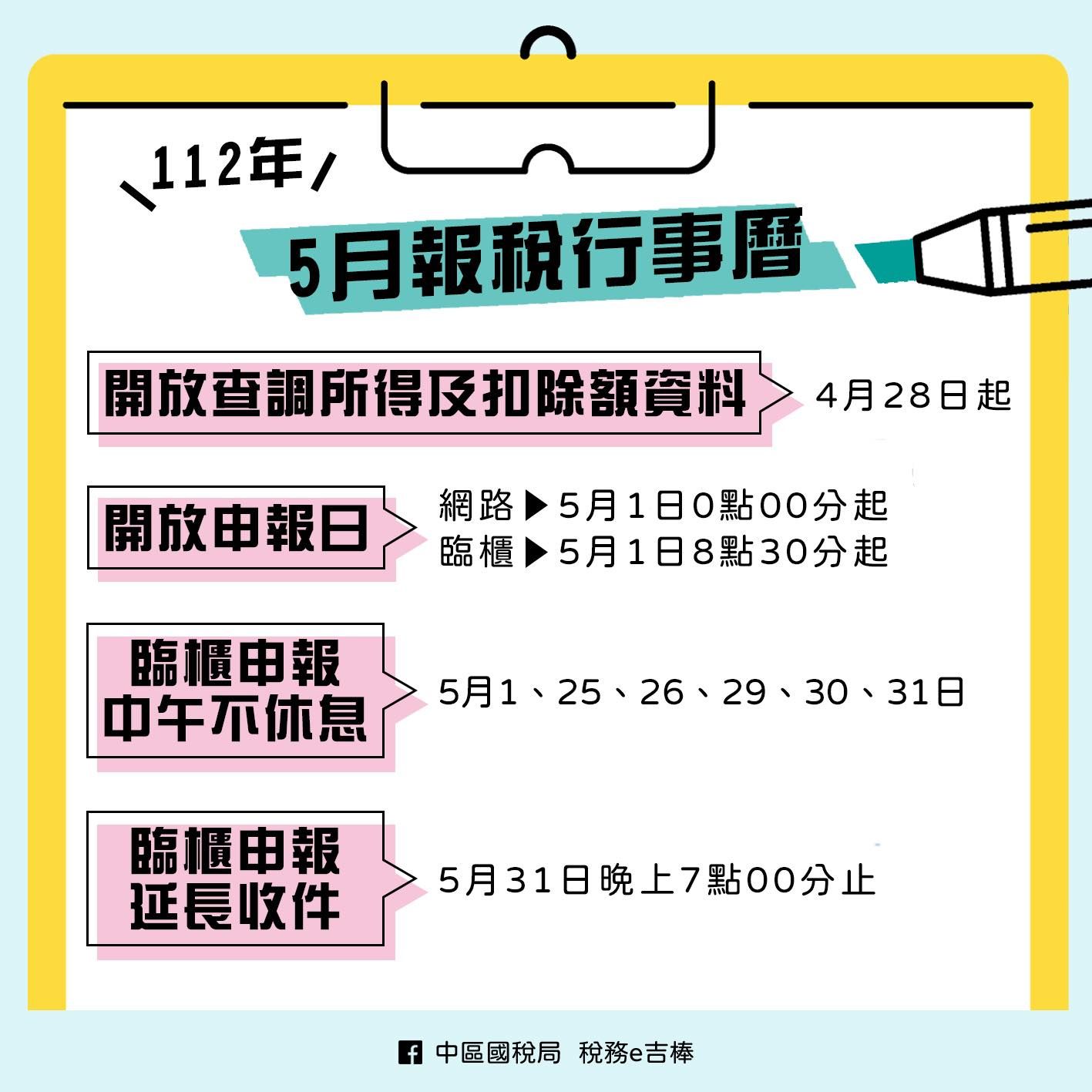 ▲今年5月綜合所得稅申報行事曆。（圖／中區國稅局提供）