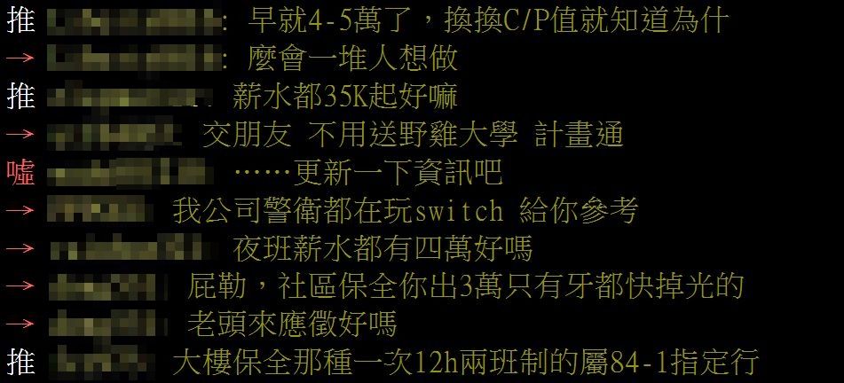 ▲▼年輕人搶當保全？內行揭內幕薪資 全場羨慕：不一定比社畜累。（圖／翻攝自批踢踢）