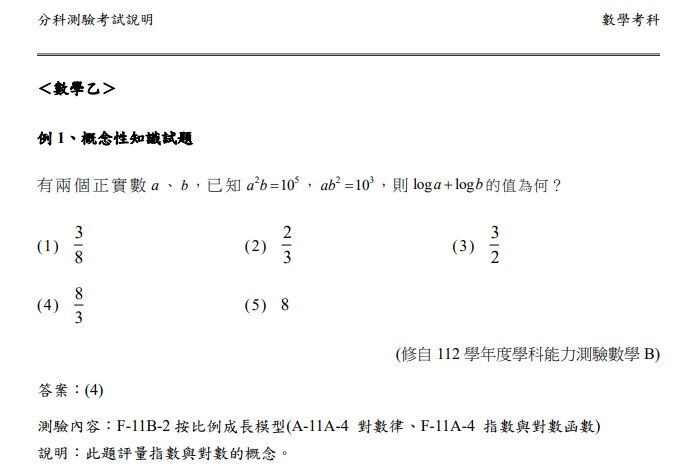 ▲▼大考中心公布114學年分科測驗數乙測驗範圍與試題舉例。（圖／記者許敏溶攝）