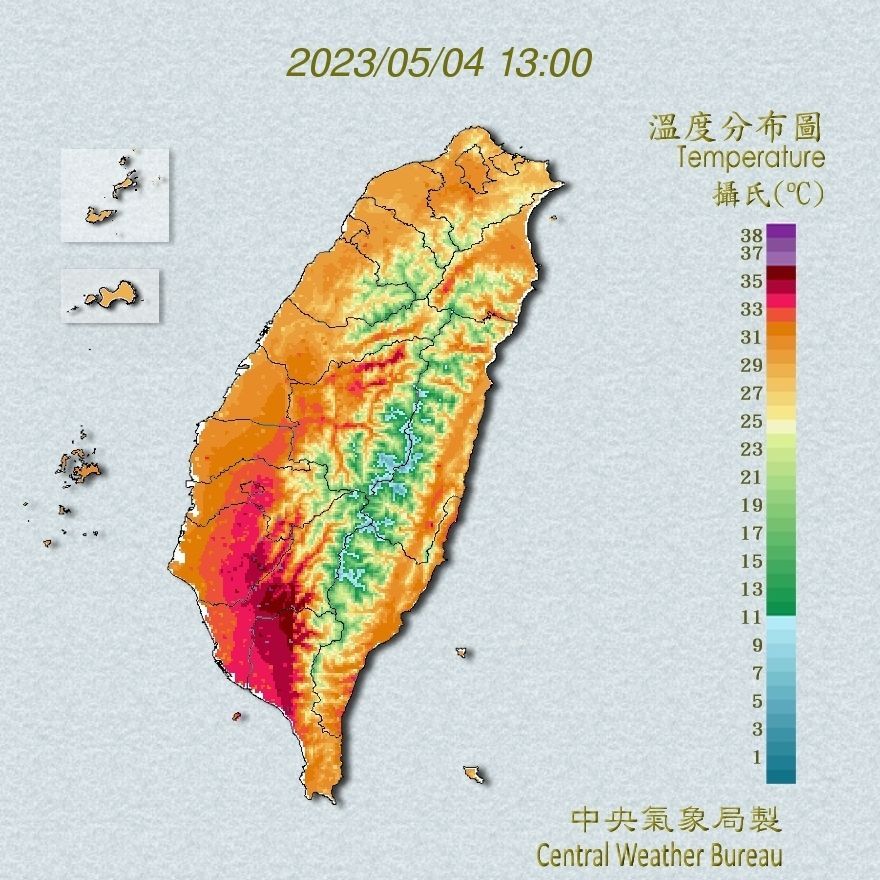 ▲▼今日溫度分布圖顯示，南部有高溫。（圖／氣象局） 