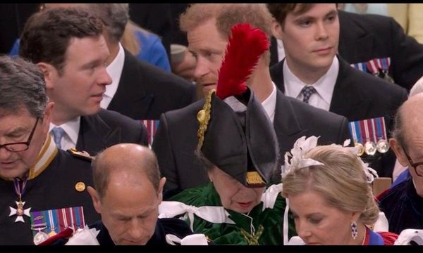 安妮公主坐下後，哈利王子的臉就被擋住了。（翻攝@richardaeden推特）