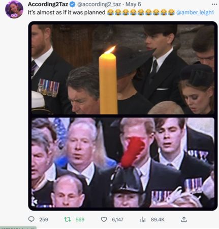 有網友翻出梅根去年出席女王國葬時，臉被蠟燭擋住的畫面做對比。（翻攝@according2_taz推特）