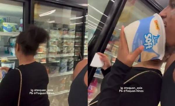 超市冰淇淋「舔一口放回冰箱」　男女19秒噁片瘋傳網怒罵：關起來。（圖／翻攝自Twitter）