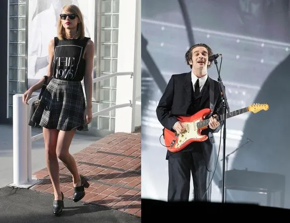 泰勒絲（左）5月初被發現穿著印有「1975」字樣的上衣出現於洛杉磯，當時就被聯想到1975樂團主唱馬蒂希利（右）。（東方IC）