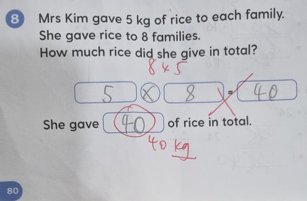 ▲「5乘8等於40」被老師打錯！新加坡小學題目考倒網友 內行人揭原因。（圖／翻攝自reddit）