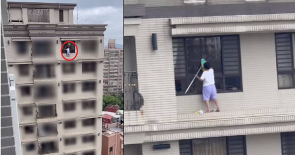 女子在沒有安全防護情況下，站在約15層樓高的窗外擦玻璃。（圖／翻攝自臉書社團「爆廢公社」）
