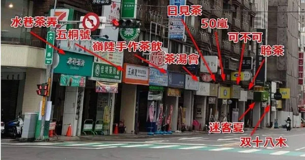 激動姐就在臉書貼出一張照片，台中有一條街上竟有10間飲料店，讓她不禁直呼「台灣人是有多愛喝飲料啦？」（圖／翻攝臉書激動姐 地表最強綠葉）
