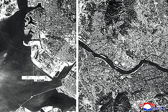 ▲▼北韓去年12月透過中程彈道飛彈發射衛星實驗體，拍攝南韓仁川（左）、首爾漢江（右）一帶，不過相片呈黑白色，且畫面模糊。（圖／翻攝自朝中社）