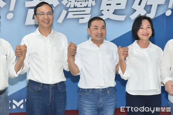 ▲▼國民黨「政黨輪替、台灣更好」誓師大會，左起黨主席朱立倫、總統參選人侯友宜、國民黨智庫執行長柯志恩。（圖／記者李毓康攝）