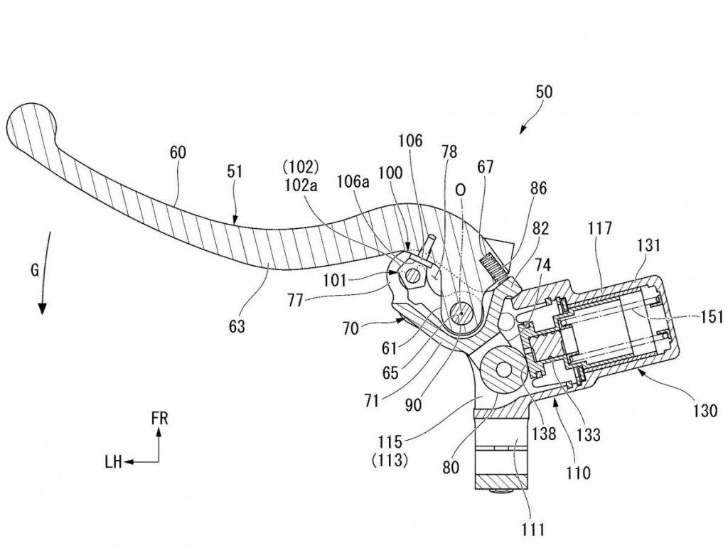 Honda-E-Clutch的專利圖，可以看到離合器拉桿不需要再用線材或油壓拉到