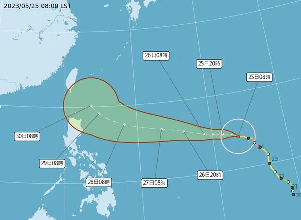 ▲▼瑪娃颱風5/25上午8時最新位置及路徑預測。（圖／氣象局） 