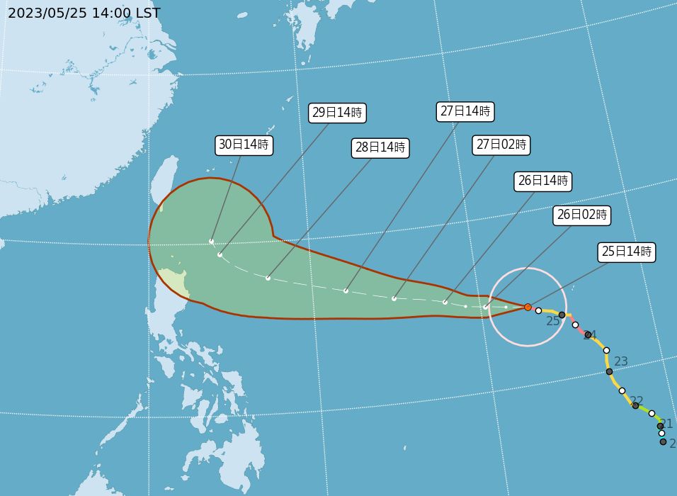▲▼瑪娃颱風5/25下午最新預測。（圖／氣象局）
