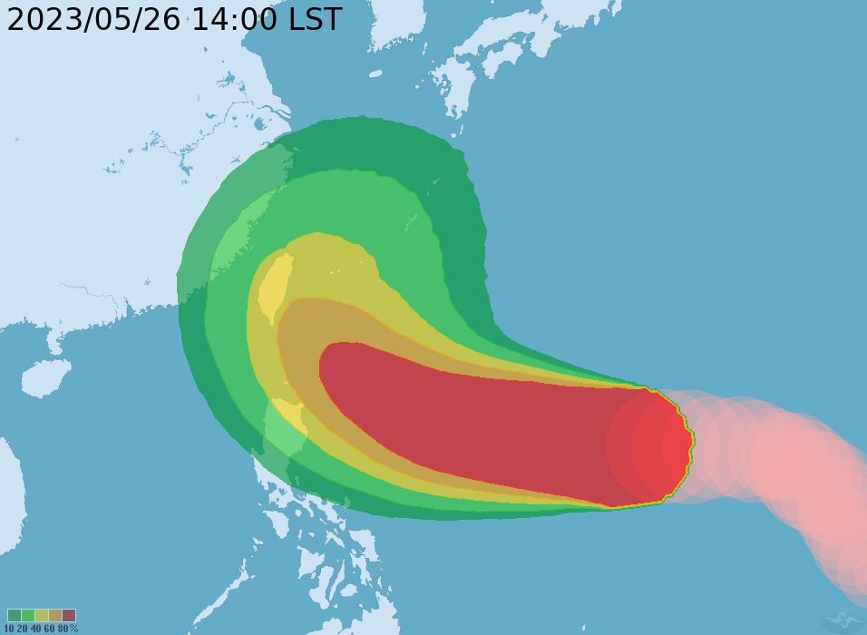 ▲▼瑪娃颱風5/26下午2時最新位置、路徑及侵襲機率預測。（圖／氣象局）