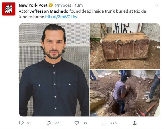 巴西演員2月初被通報失蹤，經過4個多月的搜索，警方在里約熱內盧一棟建築物地下約1.9公尺處找到他的屍體。（圖／翻攝自推特）