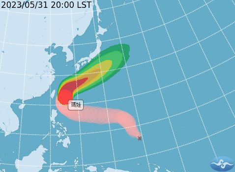 ▲颱風瑪娃31日20時位置、未來預估路徑。（圖／氣象局）