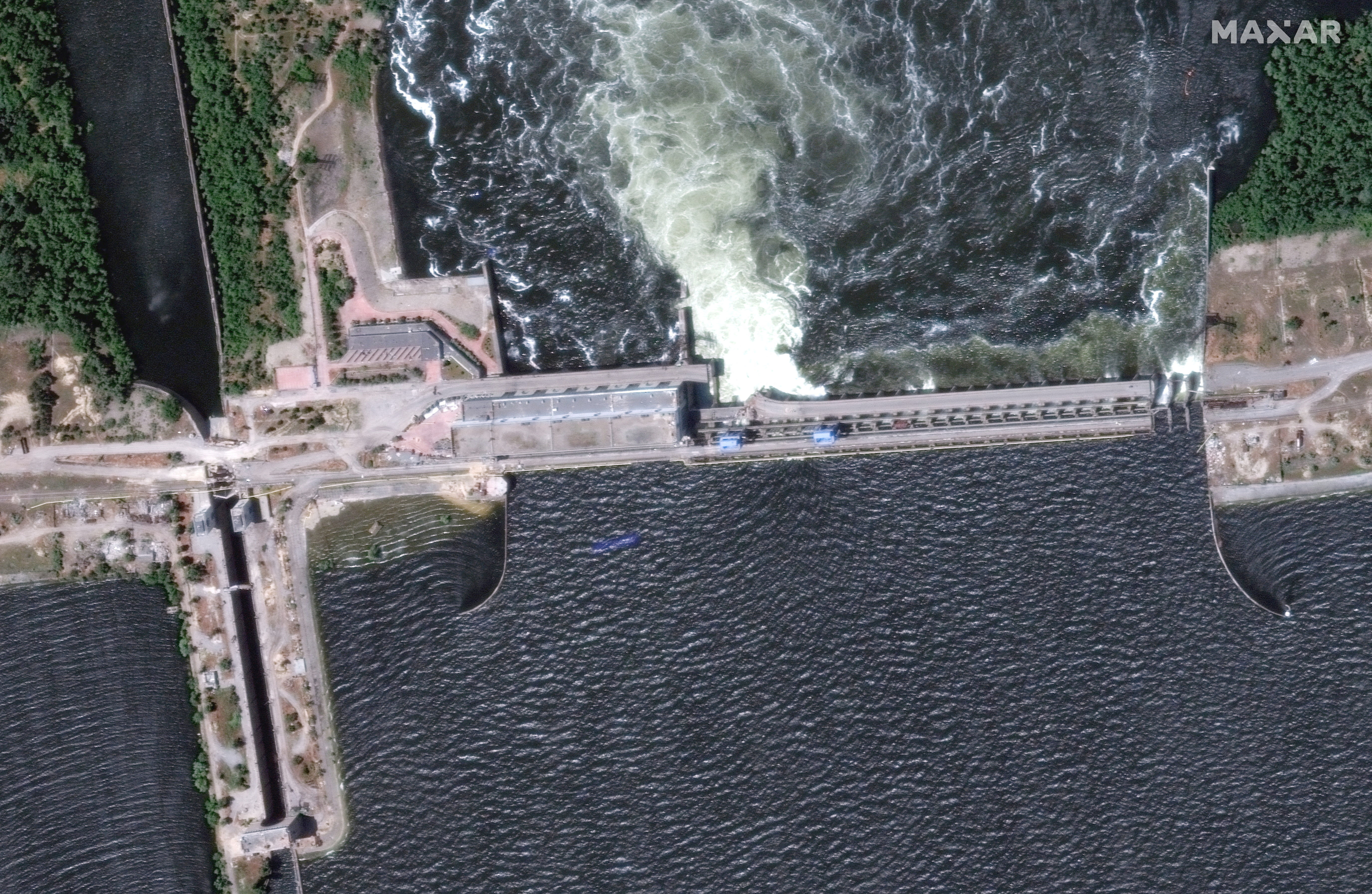 ▲▼新卡科夫卡水壩被炸毀前的衛星照。（圖／路透）