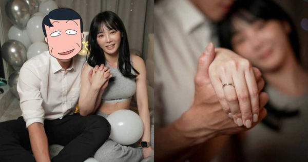 舒子晨分享被求婚照片，但老公的臉被她用小丸子爸爸的貼圖擋住。（圖／取自舒子晨IG）