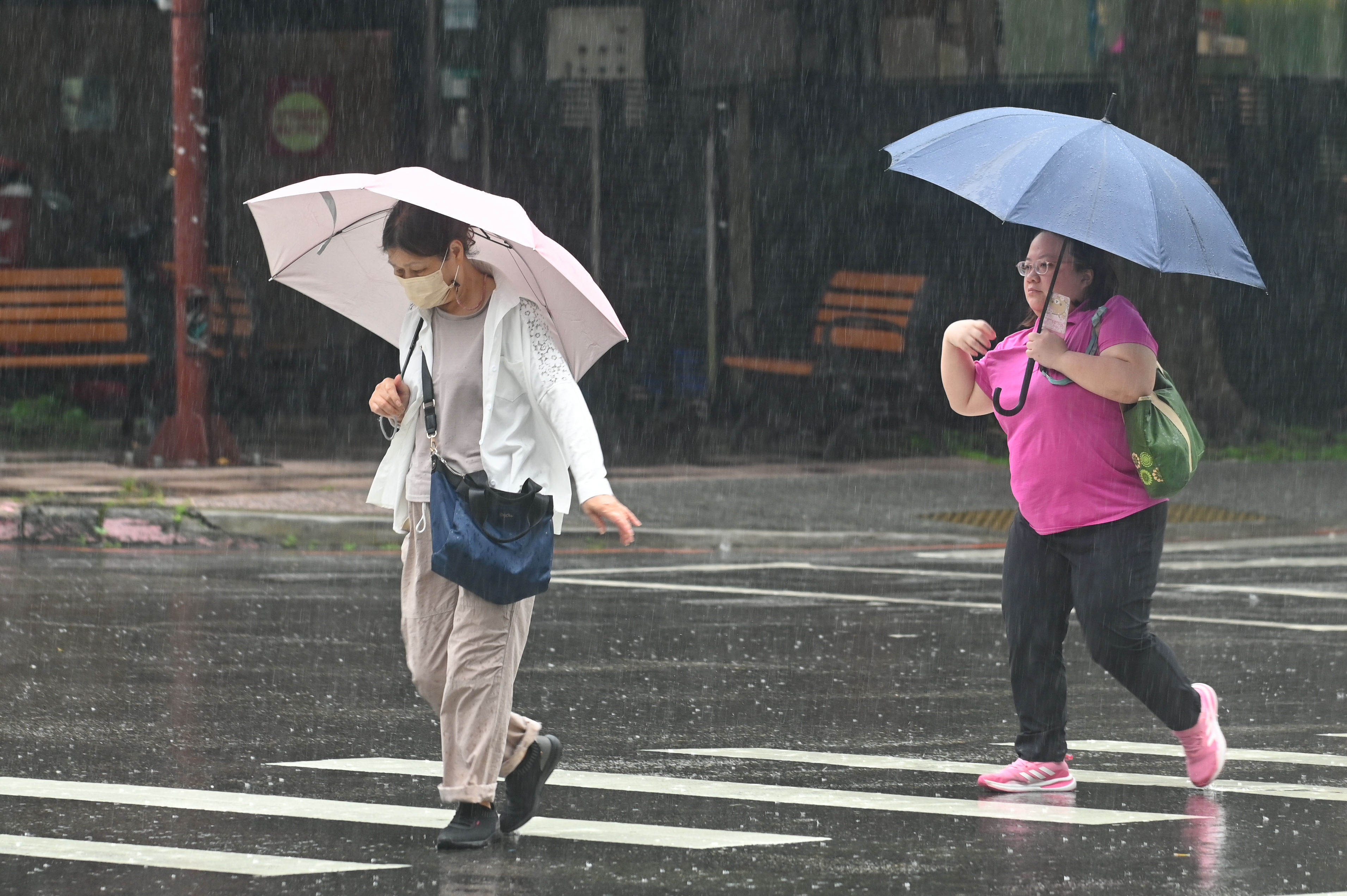 ▲▼天氣,行人路權,路人,雷雨,口罩,斑馬線,過馬路,大雨,大雷雨,下雨,雨天,豪大雨,午後雷陣雨,梅雨,降雨,氣象,豪雨,颱風外圍環流,西南氣流,滯留鋒面,撐傘,雨傘,陰雨綿綿,潮濕,濕度,熱對流,天氣配圖。（圖／記者李毓康攝）