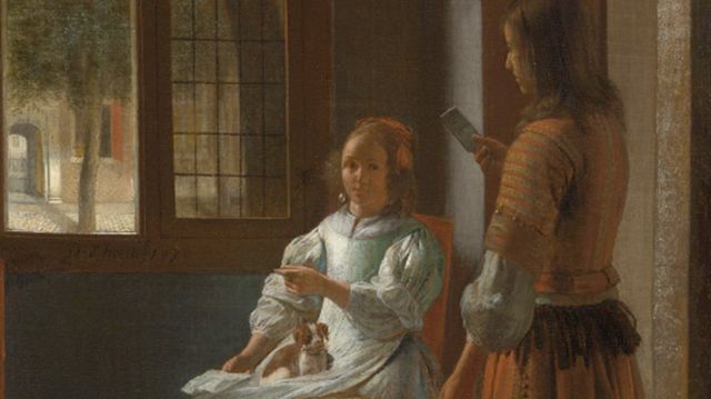 ▲▼荷蘭藝術家霍赫（Pieter de Hooch）的油畫「男子在房屋入口大廳將信件交給一名女子」（Man Handing a Letter to a Woman in the Entrance Hall of a House）1670年。（圖／翻攝rijksmuseum.nl）