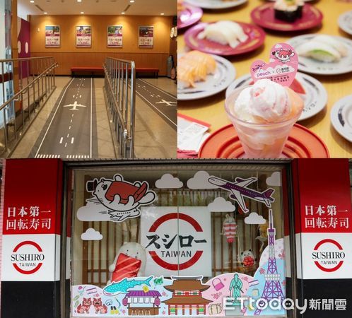 ▲左上圖壽司郎於候位區鋪上飛機跑道圖樣；右上圖為期間限定餐點「桃子滿滿聖代」；下圖店面外設有Peach的識別及飛機等原創插圖。（圖／樂桃航空提供）