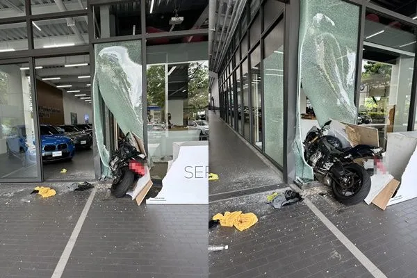 ▲▼             桃園1名男子騎重機撞破展示窗。（圖／翻攝自記者爆料網）
