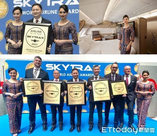 ▲左上圖新航總裁吳俊鵬(中)領取全球最佳航空公司獎項；右上圖新航A380套房；下圖新航獲五類別最佳獎項。（圖／新航提供）