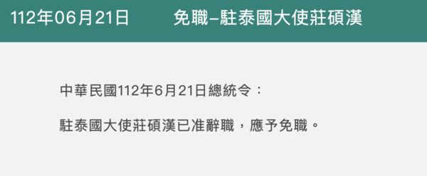 ▲▼駐泰代表莊碩漢上任不滿一年請辭獲准。（圖／翻攝自總統府官網）