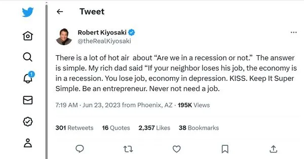 ▲《富爸爸窮爸爸》作者羅伯特．清崎對經濟衰退與蕭條發出推文解釋。（圖／翻攝推特）