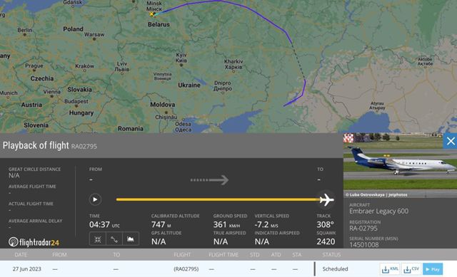 ▲▼瓦格納首腦普里格津的私人飛機疑似從俄羅斯飛往白俄。（圖／翻攝推特）